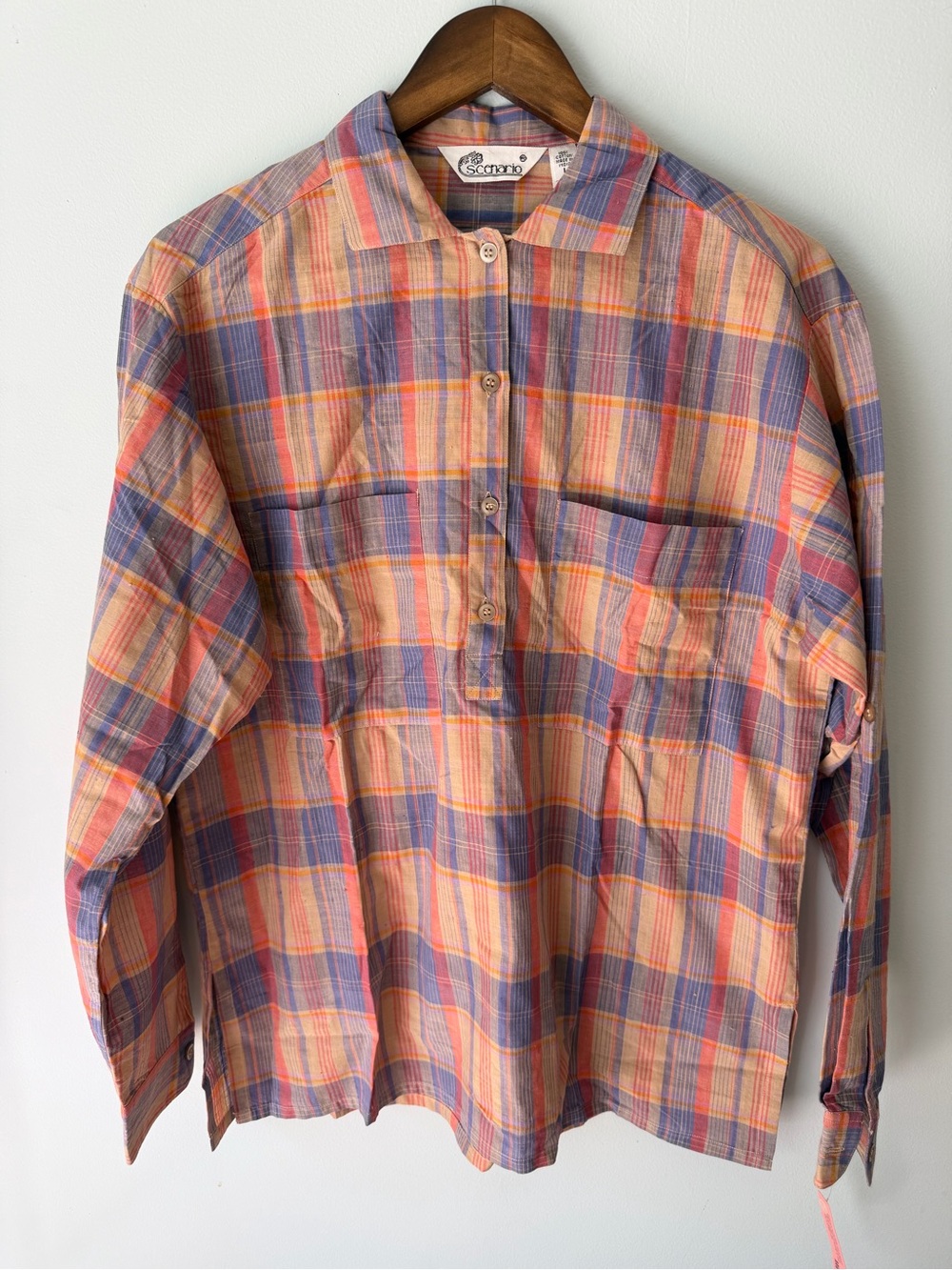 Vintage Orange Plaid Button Pullover Shirt